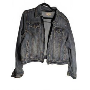 Earl Jean Womens Jean Denim Jacket fits like 16 bling diamond rhinestones studs